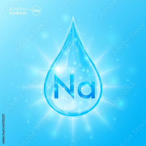 Essential sodium minerals for health human body. Blue crystal mineral water drop natural shiny. For nutrition design ad dietary supplement pharmacy. Scientific medical concept. 3D Vector.