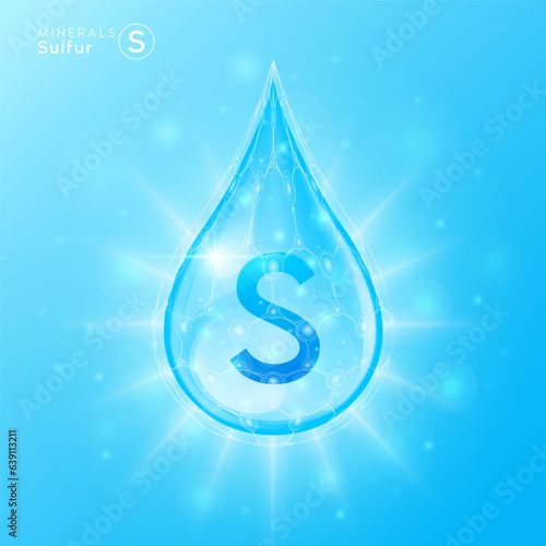 Essential sulfur minerals for health human body. Blue crystal mineral water drop natural shiny. For nutrition design ad dietary supplement pharmacy. Scientific medical concept. 3D Vector.