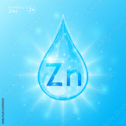 Essential zinc minerals for health human body. Blue crystal mineral water drop natural shiny. For nutrition design ad dietary supplement pharmacy. Scientific medical concept. 3D Vector.
