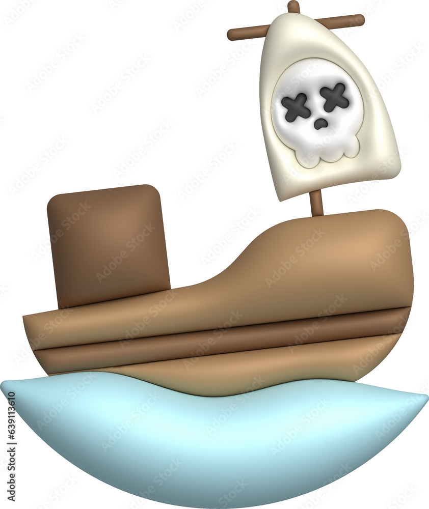 Fototapeta premium 3D illustration toy pirate ship sailship, pirate galleon, cruise, fishing trawler. minimal style.