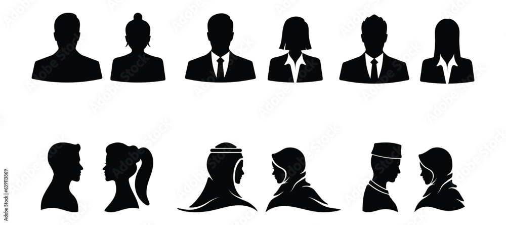 Male and female silhouettes front and side. Head specific half human ...