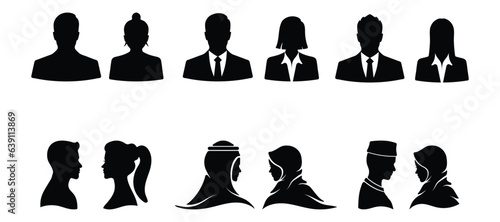 Male and female silhouettes front and side. Head specific half human glyph icon. For use in tracking rooms or corridors that want to separate men and women.