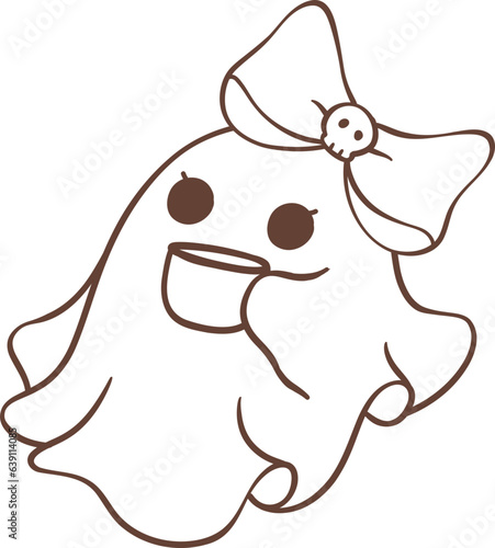 Cute ghost girl outline with coffee cartoon doodle 