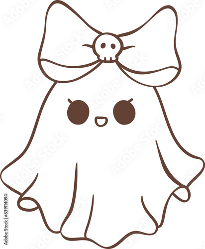 Cute ghost girl outline with bow cartoon doodle 