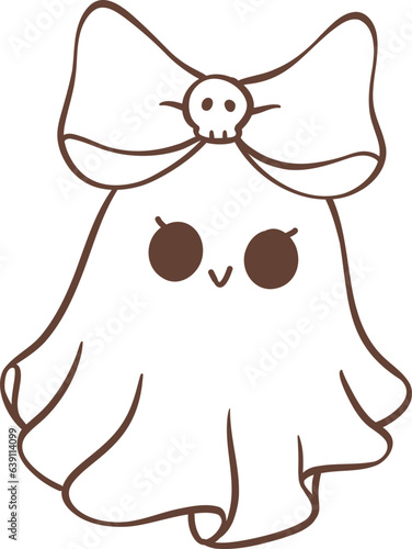 Cute ghost girl outline with bow cartoon doodle 