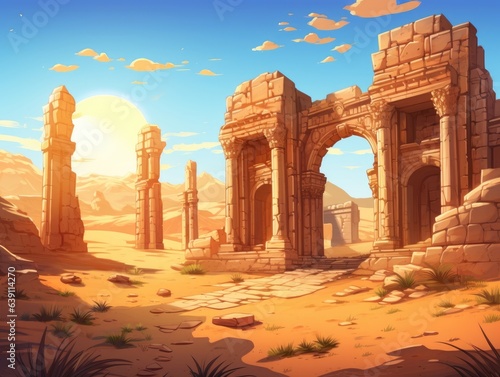 Ruins of an old Temple between golden dunes in a hot desert