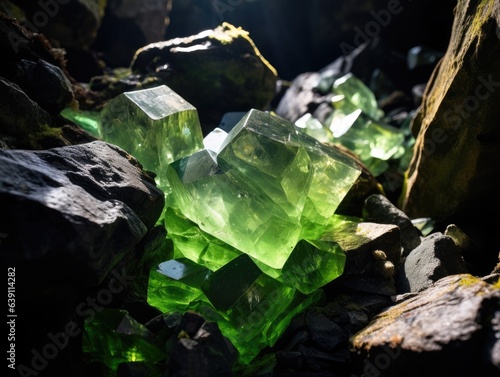 visible raw green gems at the rocky walls of an old mine shaft