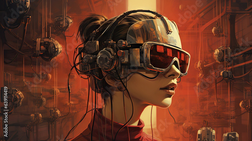 Young female humanoid head is connected to a super computer, symbolizing artificial intelligence. Futuristic illustration of the relationship between humans and neural networks. Copy space