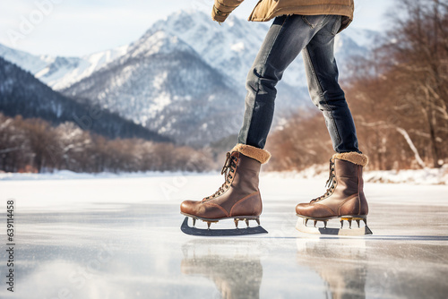 Woman ice skating on frozen lake. Winter sport and active lifestyle.