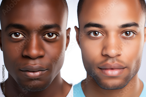 Two portraits in one photo. Mixed race man and African American man posing against a white background in t-shirts.