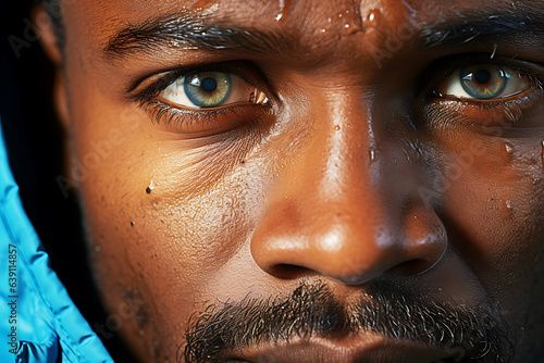 Close-up portrait of an African American man with green eyes