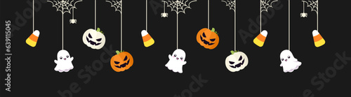 Happy Halloween border banner with ghost, candy corn and jack o lantern pumpkins hanging from spider webs. Spooky Ornaments Decoration Vector illustration, trick or treat party invitation