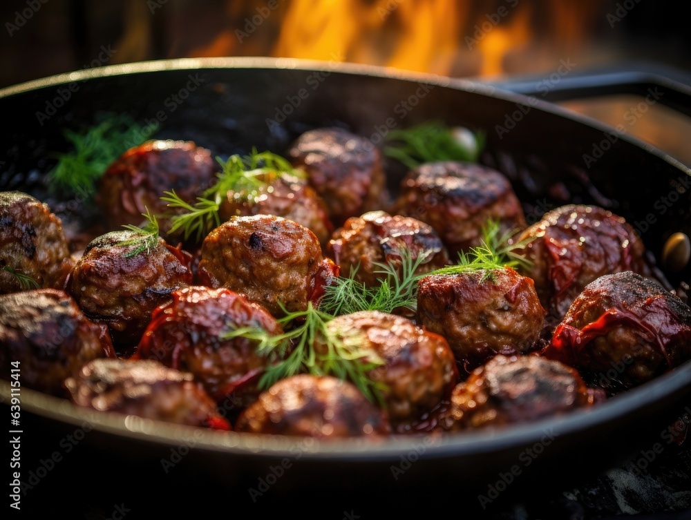 Meatballs in a frying pan, close-up shot Meatballs in a frying pan, close-up shot