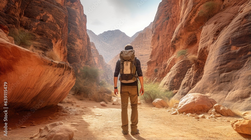 Male hiker, full body, view from behind, walking through a canyon Male hiker, full body, view from behind, walking through a canyon