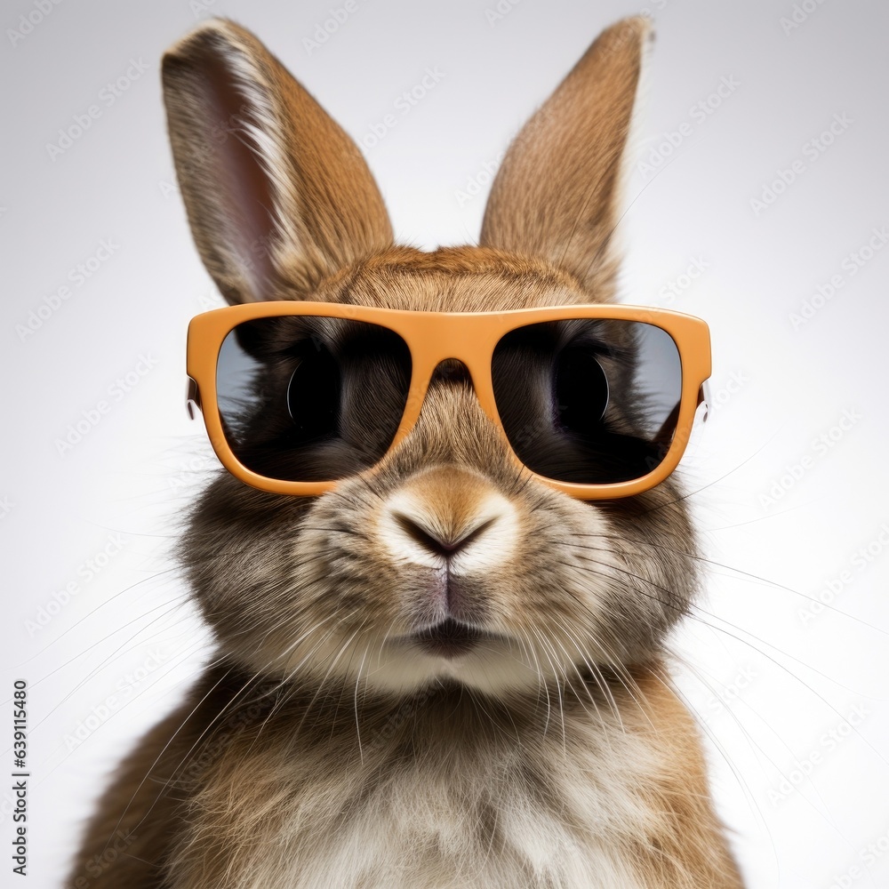 close-up of Rabbit with sunglasses on white background