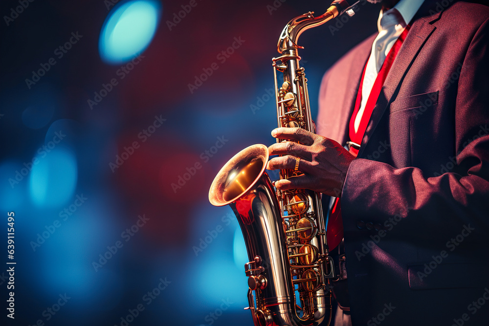 Obraz premium Saxophonist playing the saxophone on stage, close-up