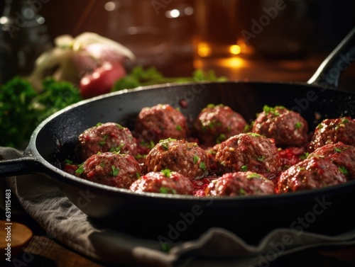 Raw Meatballs in a frying pan, close-up shot
