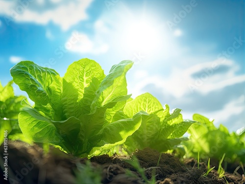 Lettuce growing on a field, low angle shot with cloudy, blue sky and sun
