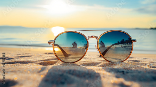 Serenity Shades: Sun-Kissed Beach Vibes Captured Through the Lens of Modern Sunglasses. Travel Concept Generative AI