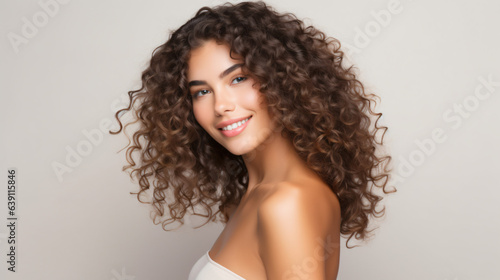 Portrait of a woman highlighting skincare and beauty cosmetics for a radiant, healthy glow, set against a modern studio background. Cheerful model with beautiful curly hair smiling. Generative AI
