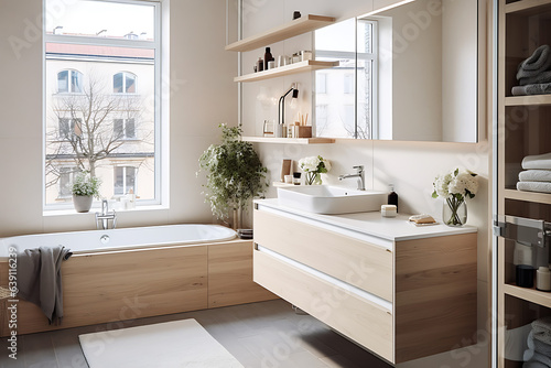 The interior of the bathroom is made in beige tones using natural materials. Daylight illuminates the bathroom