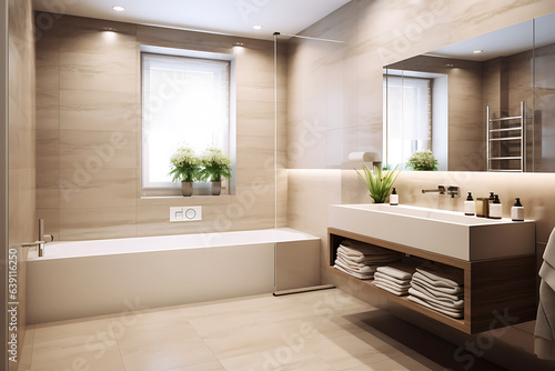Bathroom interior in beige tones in a minimalist style © ribalka yuli