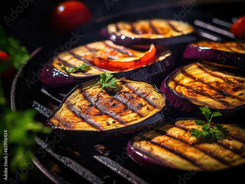 Sliced Aubergine on a grill, close-up shot