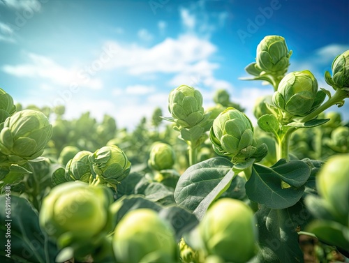 Brussels Sprouts growing on a field, low angle shot with cloudy, blue sky and sun