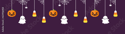 Happy Halloween border banner with ghost, candy corn and jack o lantern pumpkins. Hanging Spooky Ornaments Decoration Vector illustration, trick or treat party invitation