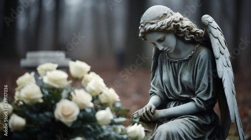 Image featuring a background with space for a caption, incorporating a portion of a melancholy angel statue situated in a cemetery. Ideal for funeral ceremony themes.Generative AI