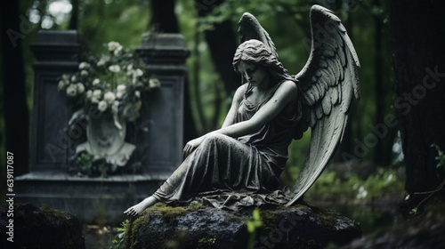 Image featuring a background with space for a caption, incorporating a portion of a melancholy angel statue situated in a cemetery. Ideal for funeral ceremony themes.Generative AI