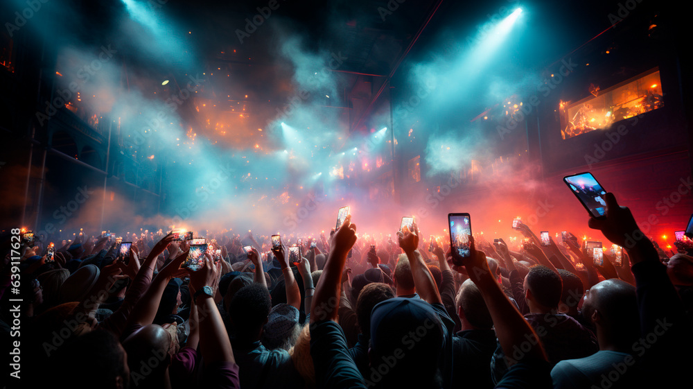 group of people with hands in front of crowd and glowing lights on background of crowd of people having fun at concert and night club. crowd of