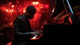 Moody jazz club. Blues music in a vintage performance venue. African American piano player. 