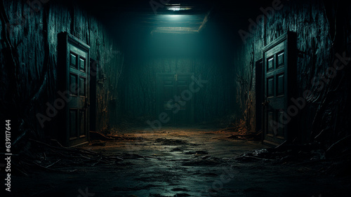 empty dark room with old and damaged walls, night scene with neon light. halloween, scary background.