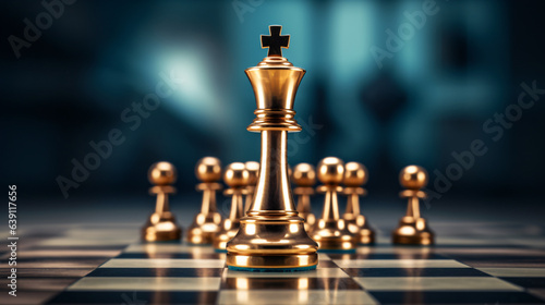 Foto Golden queen stands as the leader on the chessboard in a game symbolizing business strategy, success, management, and modern leadership concepts, including disruption and planning