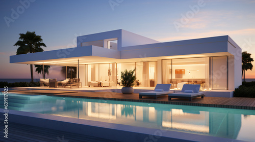 Exterior view of a modern cubic villa featuring a swimming pool, captured at sunset. Generative AI © Nico Vincentini
