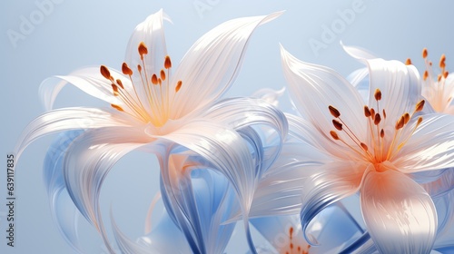 Pearly white bouquet of lilies. Abstract blue flower background. Lily petals soft glow.