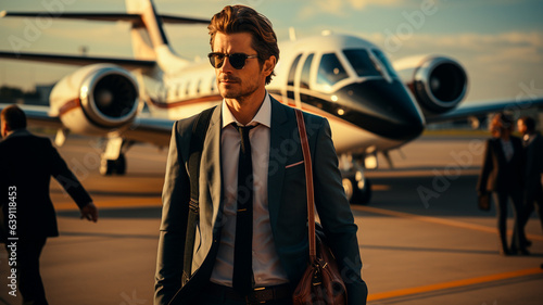 portrait of handsome man in sunglasses and suit near private private