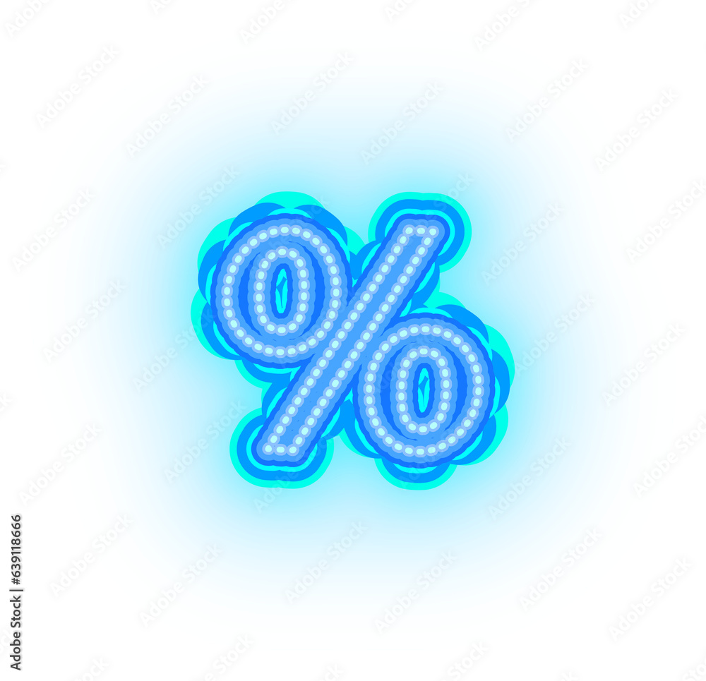 Blue neon alphabet letters, numbers, and signs on a transparent background