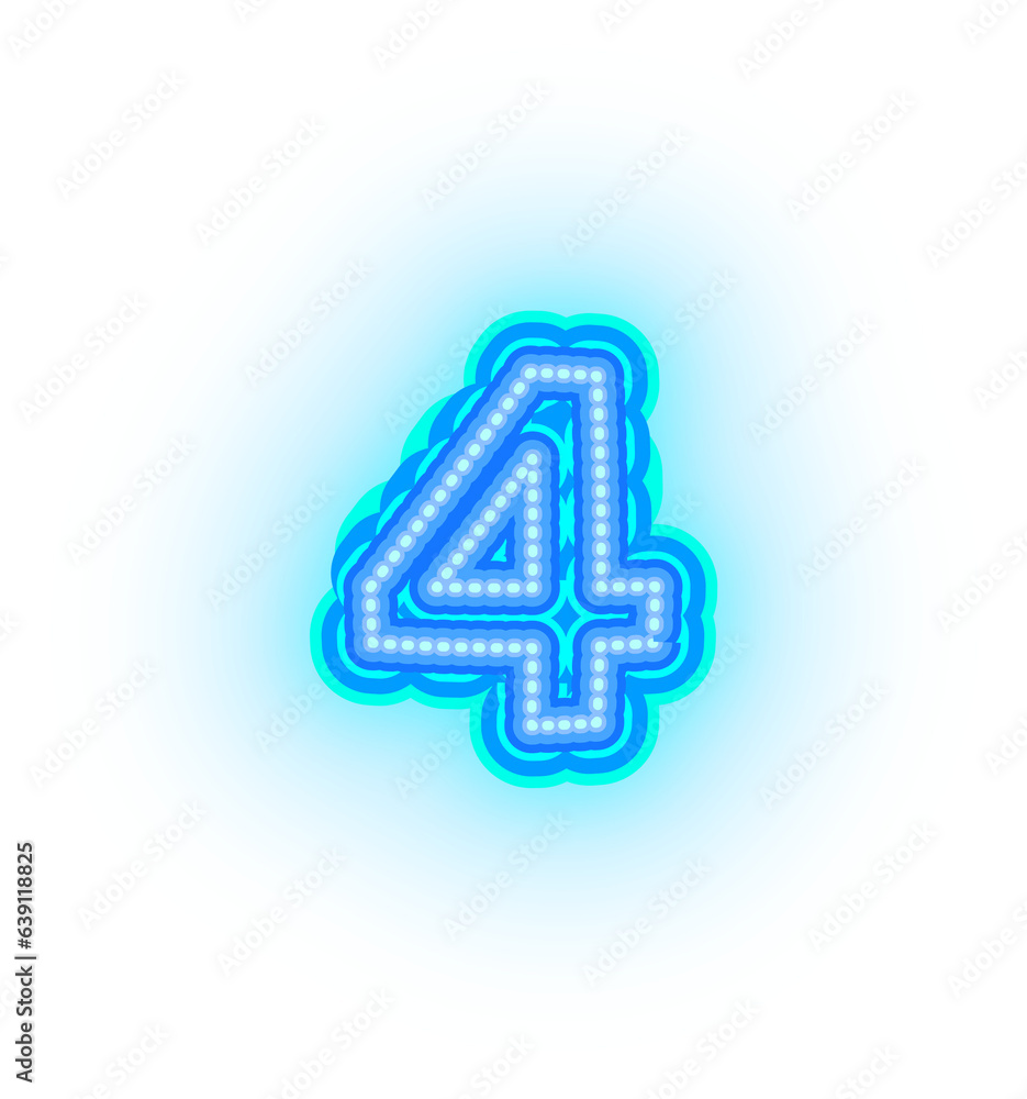 Blue neon alphabet letters, numbers, and signs on a transparent background