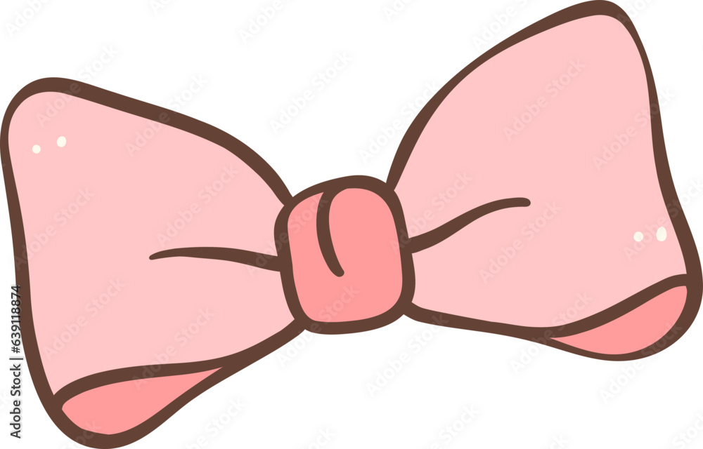 Cute coquette pink hair bow doodle outline illustration