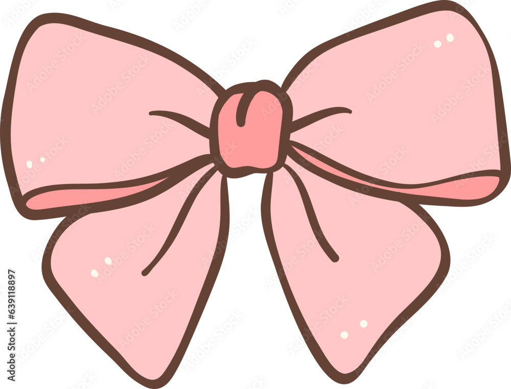 Cute coquette pink hair bow doodle outline illustration