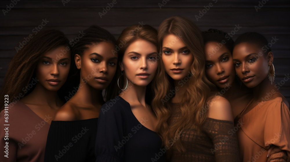 Obraz premium A diverse ensemble of stunning women showcasing natural beauty and radiant, smooth skin. Portrait of attractive female fashion models from various ethnicities, tones, and styles. Generative AI