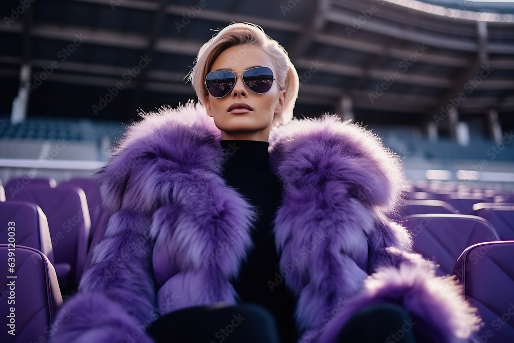 A stylish woman in a luxurious purple fur coat and sunglasses stands out among the crowd at the stadium, radiating a confident and fashionable energy A stylish woman in a luxurious purple fur coat and sunglasses stands out among the crowd at the stadium, radiating a confident and fashionable energy
