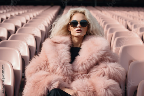 A stylish woman with luxurious fur clothing stands confidently in an indoor stadium, her sunglasses and pink fur coat adding an extra spark of flair to her look