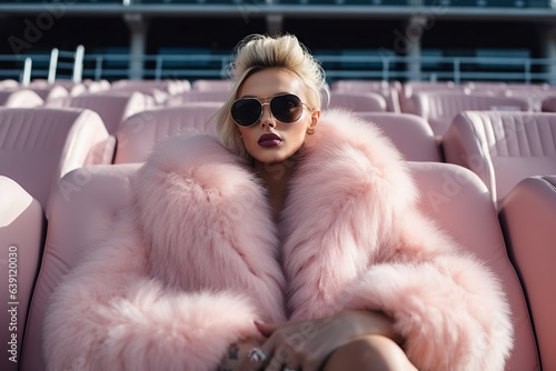 A glamorous woman wearing a luxurious pink fur coat and leather goggles stands confidently in a fashion-forward pose on an outdoor chair at a bustling stadium, exuding power and style