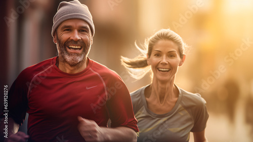 A pair of adults captured in a close-up shot during their morning run, with motion blur in the background. Generative AI.