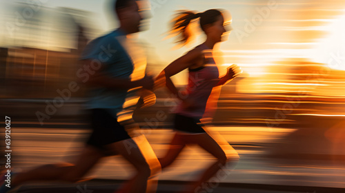 A pair of adults captured in a close-up shot during their morning run, with motion blur in the background. Generative AI.