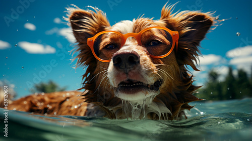 portrait of a funny dog with glasses in the pool