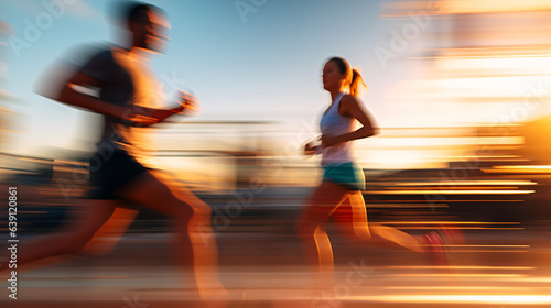 A pair of adults captured in a close-up shot during their morning run, with motion blur in the background. Generative AI. © Nico Vincentini